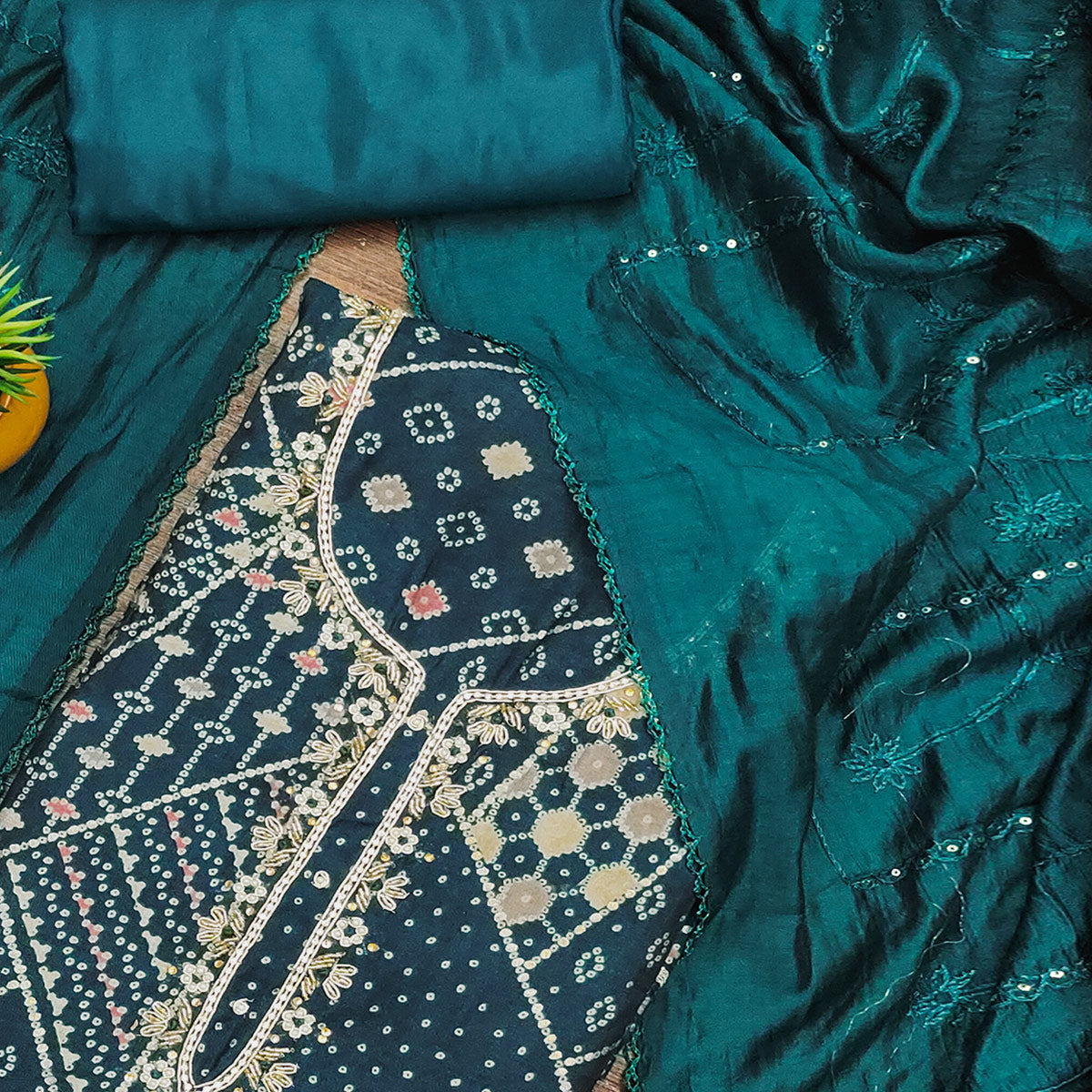 Morpich Foil Printed With Handwork Embroidered Pure Cotton Dress Material