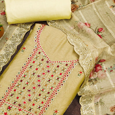 Light Yellow Floral Sequins Embroidered Chanderi Dress Material