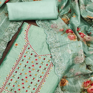 Mint Green Floral Sequins Embroidered Chanderi Dress Material