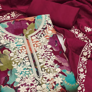 Dark Magneta Floral Embroidery With Printed Cotton Silk Dress Material