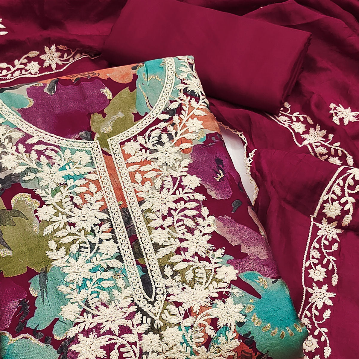 Dark Magneta Floral Embroidery With Printed Cotton Silk Dress Material