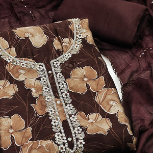 Brown Floral Printed With Handwork Cotton Silk Dress Material