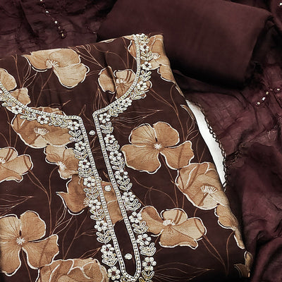 Brown Floral Printed With Handwork Cotton Silk Dress Material