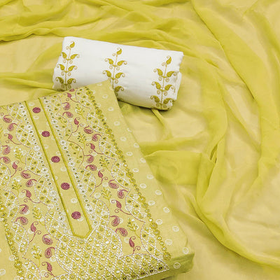 Lemon Yellow Printed With Yoke Embroidered Pure Cotton Dress Material