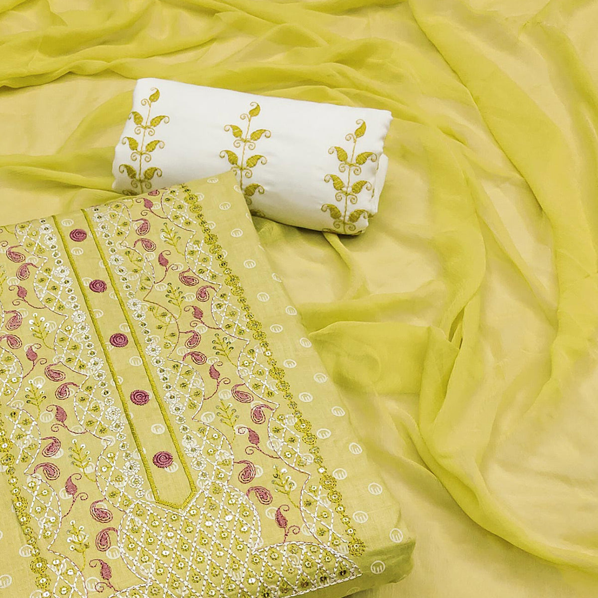 Lemon Yellow Printed With Yoke Embroidered Pure Cotton Dress Material