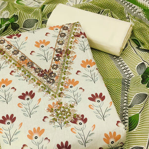 Cream Floral Printed Embroidery Work Pure Cotton Dress Material