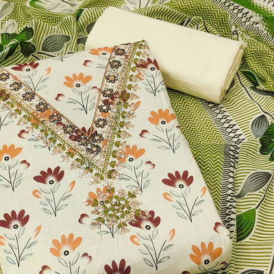 Cream Floral Printed Embroidery Work Pure Cotton Dress Material