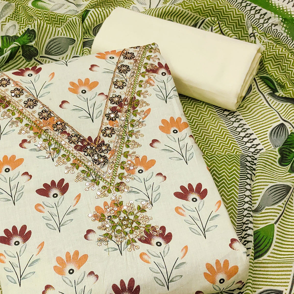 Cream Floral Printed Embroidery Work Pure Cotton Dress Material