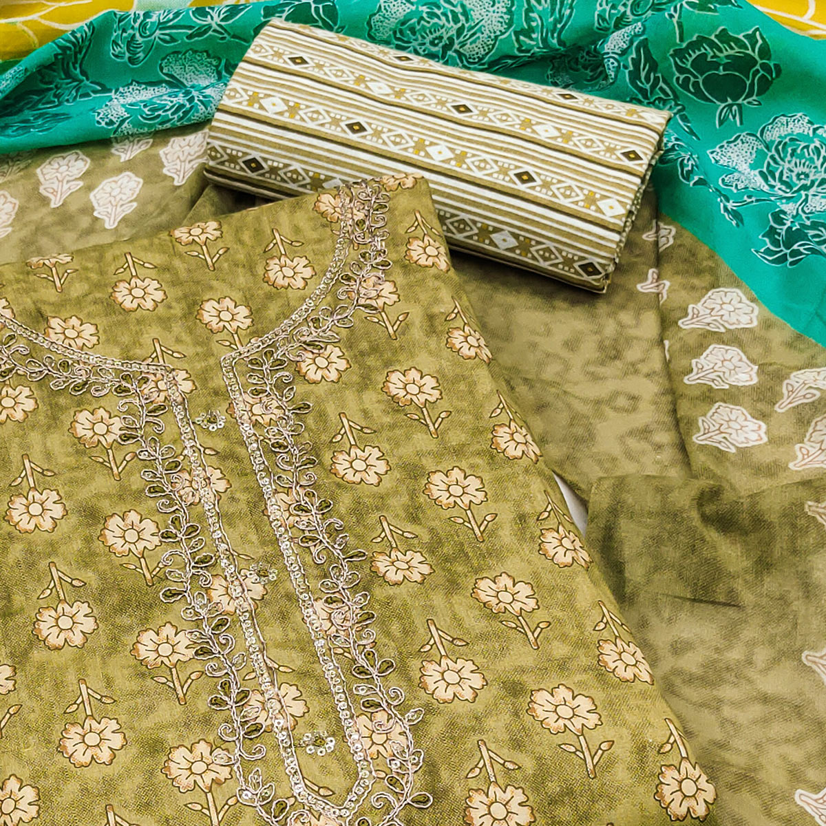 Mehendi Green Floral Printed Pure Cotton Dress Material