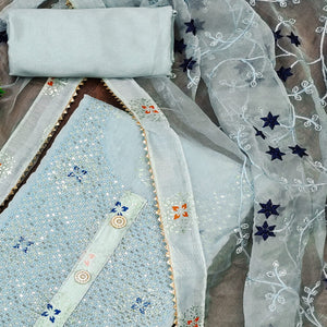 Light Blue Floral Foil Printed Chanderi Dress Material