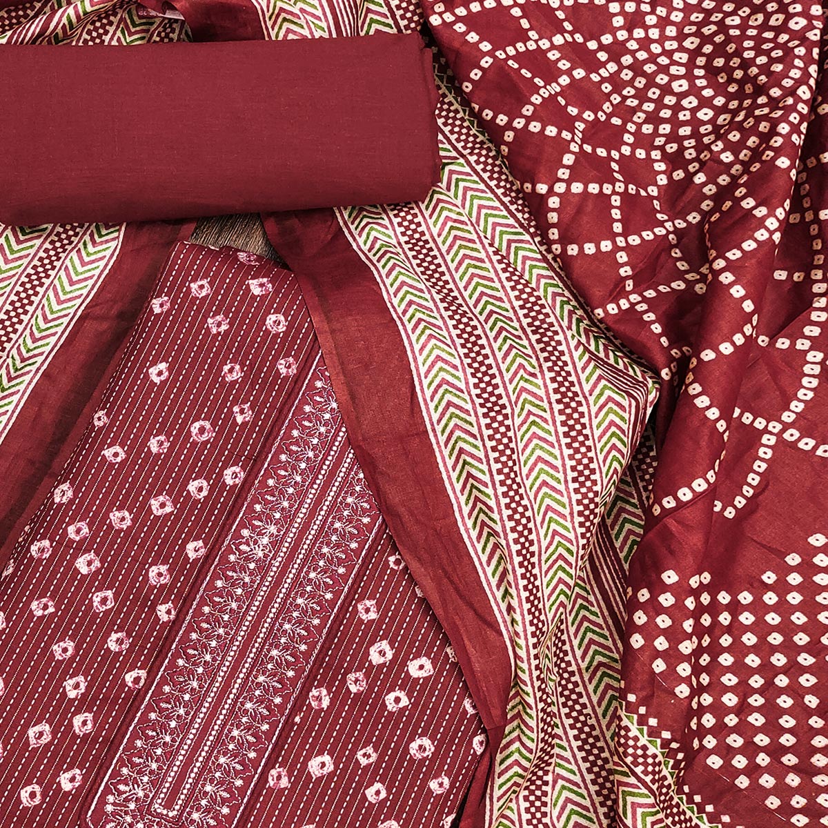 Maroon Bandhani Printed Pure Cotton Dress Material
