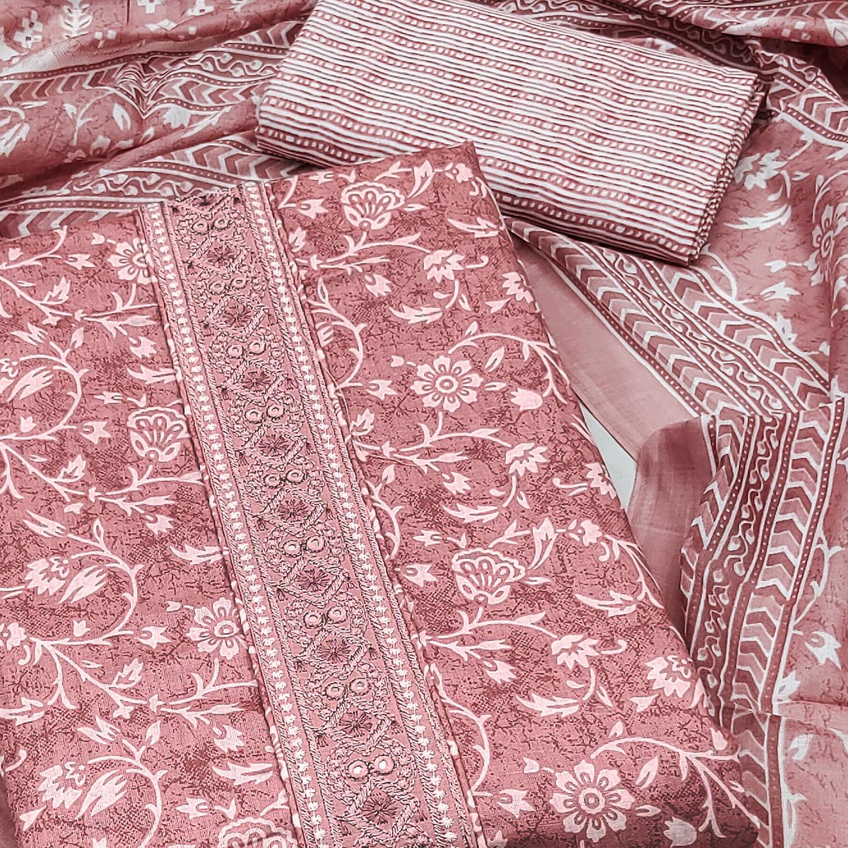 Mauve Floral Printed Pure Cotton Dress Material