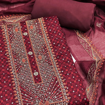 Maroon Printed With Embroidered Satin Dress Material