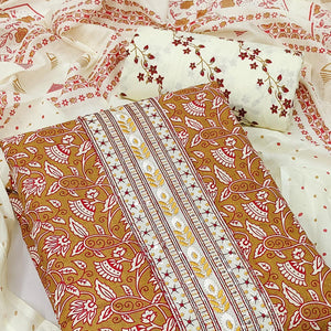 Brown Floral Printed Cotton Blend Dress Material