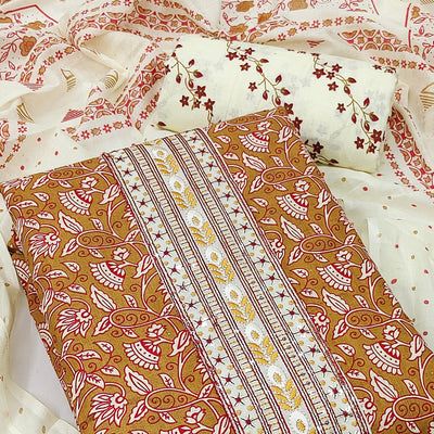 Brown Floral Printed Cotton Blend Dress Material