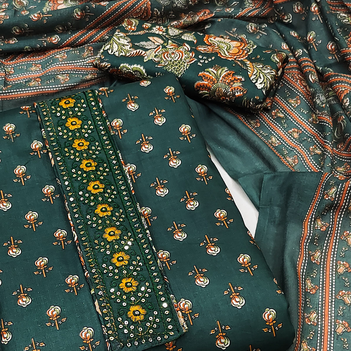 Dark Green Floral Printed Pure Cotton Dress Material