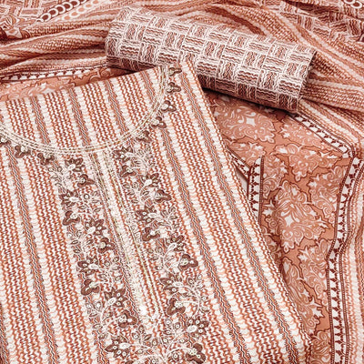Brown Striped Printed Pure Cotton Dress Material