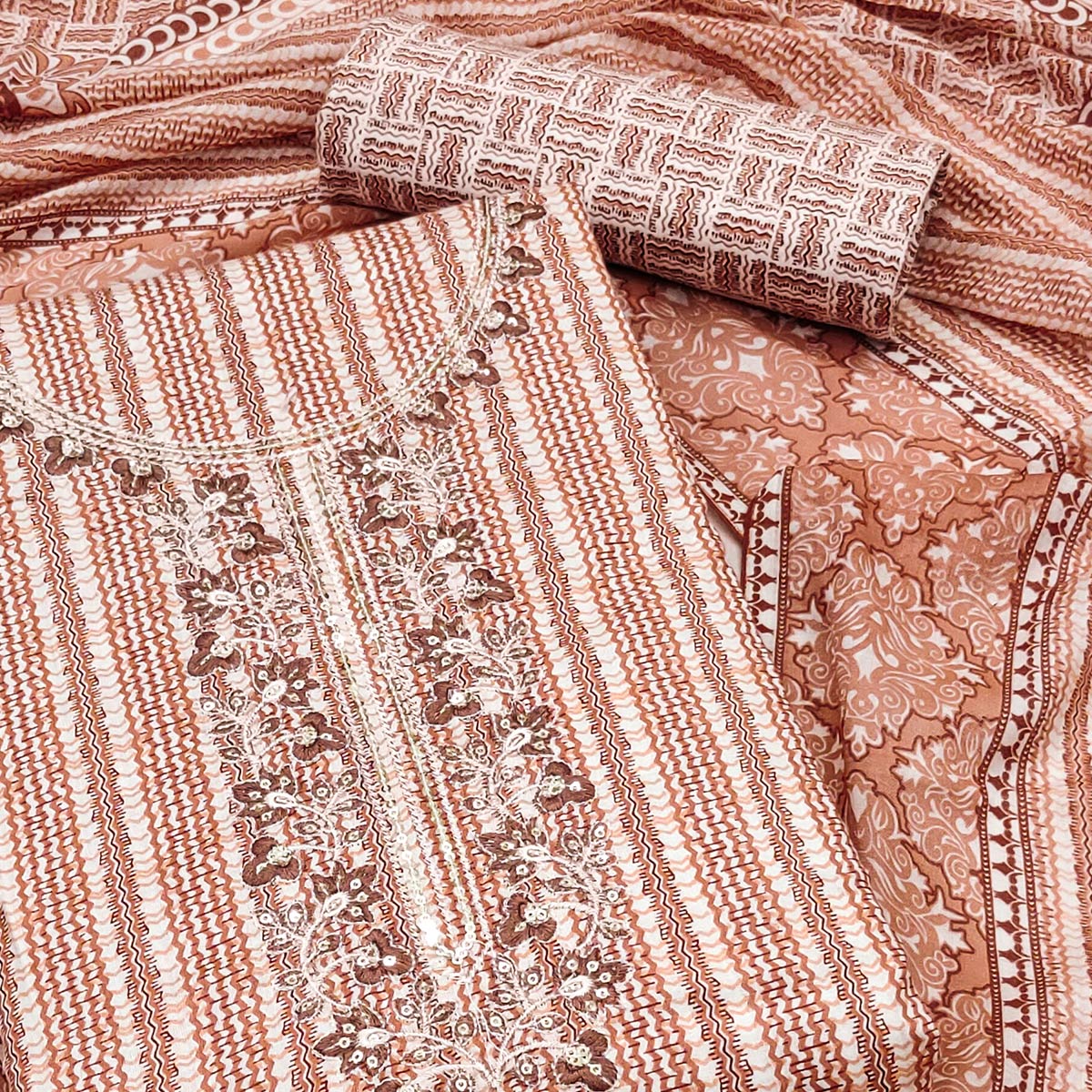 Brown Striped Printed Pure Cotton Dress Material