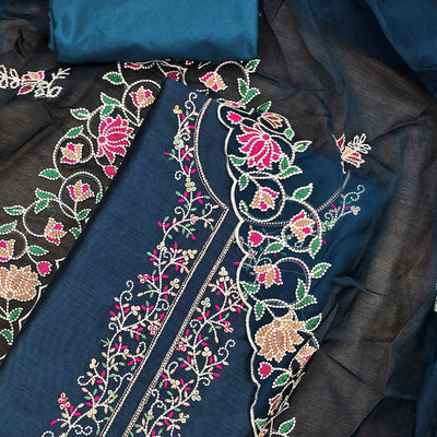 Morpich Blue Floral Embroidered Chanderi Dress Material