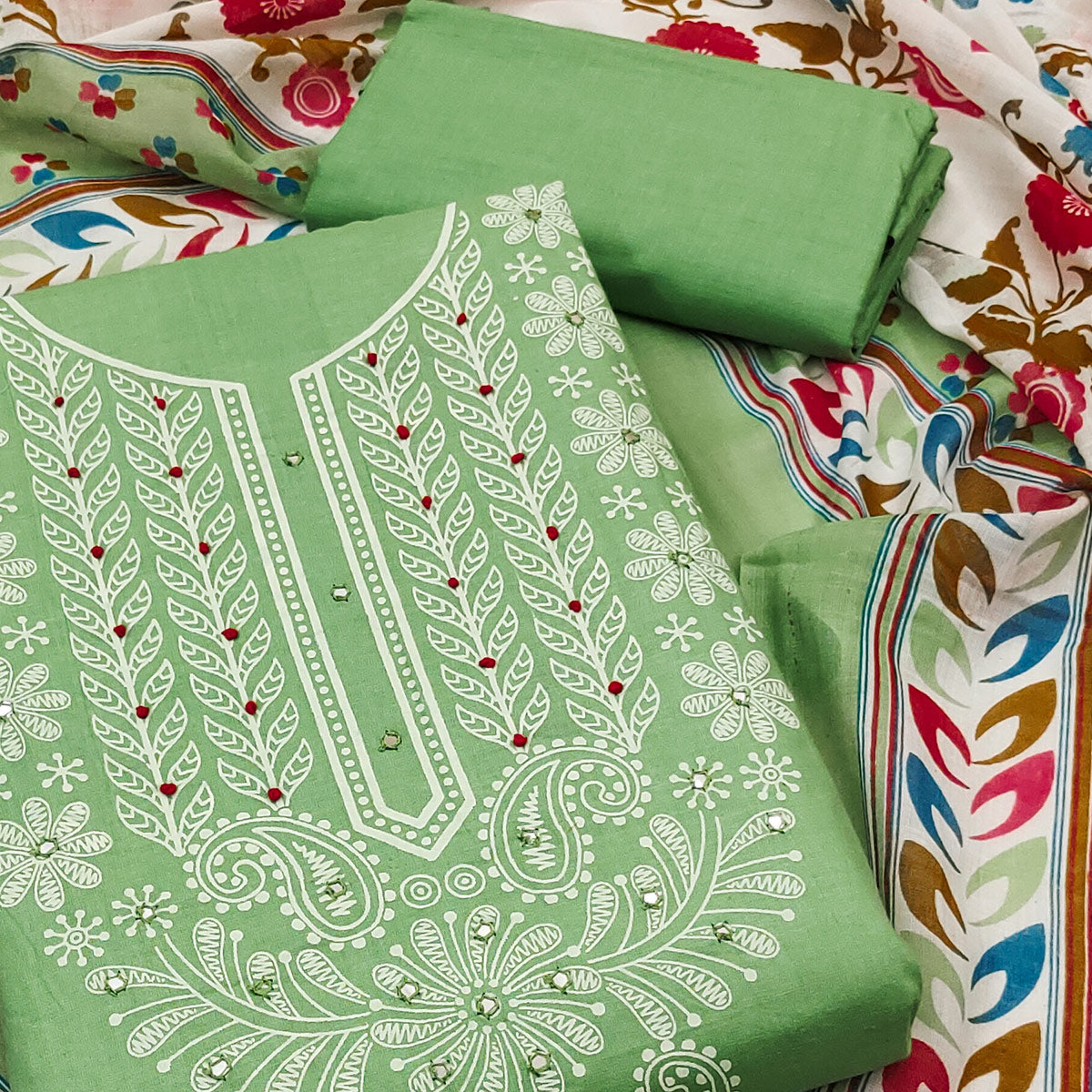 green-printed-mirror-work-pure-cotton-dress-material