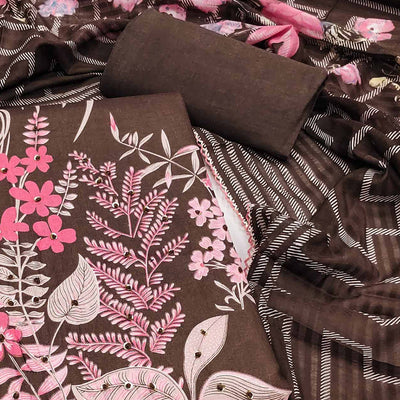 Brown Floral Printed Pure Cotton Dress Material