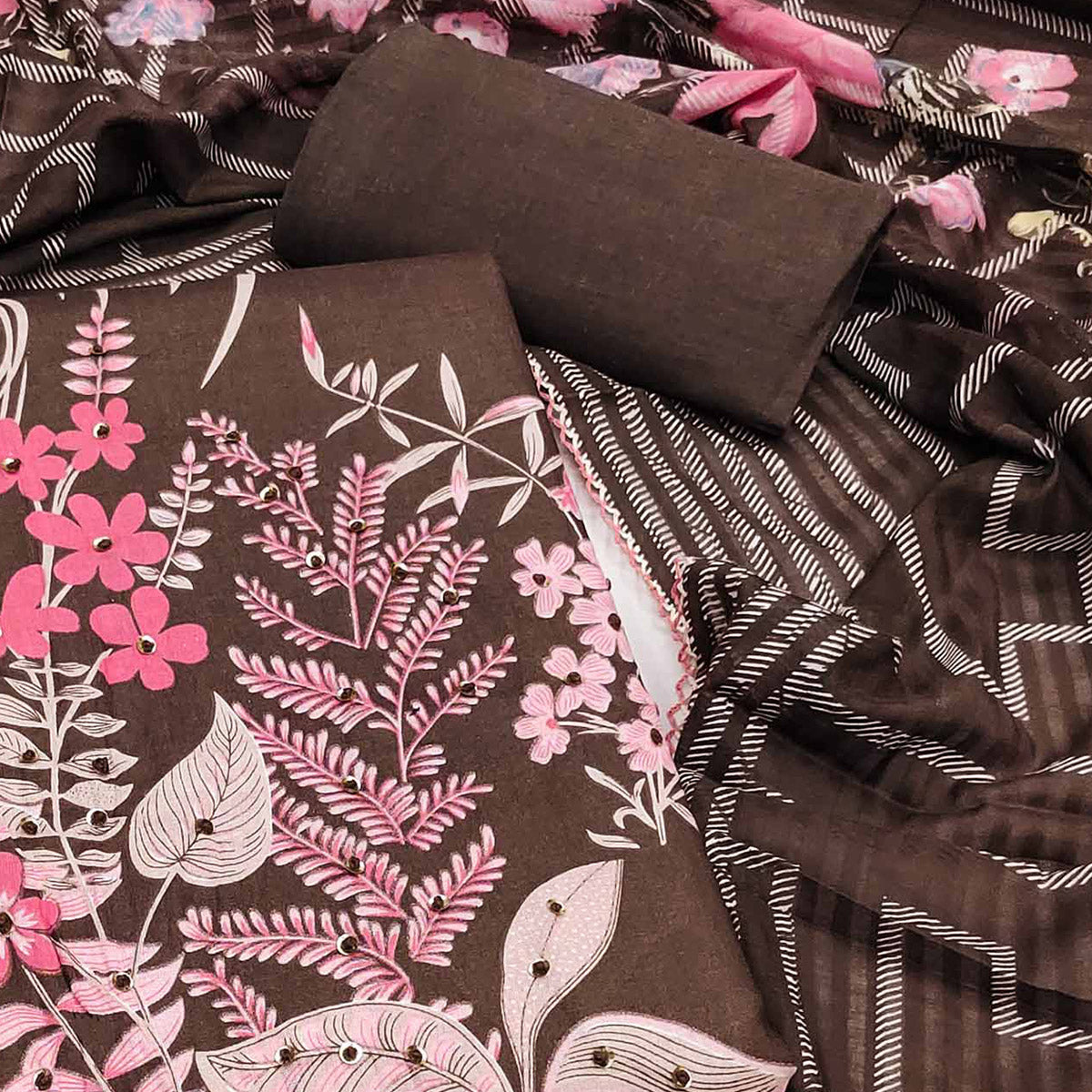Brown Floral Printed Pure Cotton Dress Material