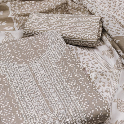 Brown Bandhani Printed With Sequins Pure Cotton Dress Material