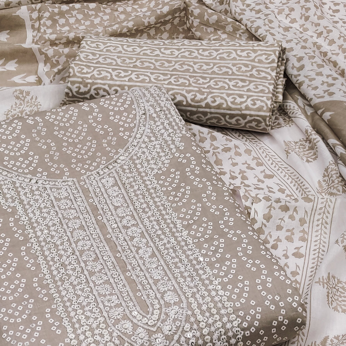 Brown Bandhani Printed With Sequins Pure Cotton Dress Material