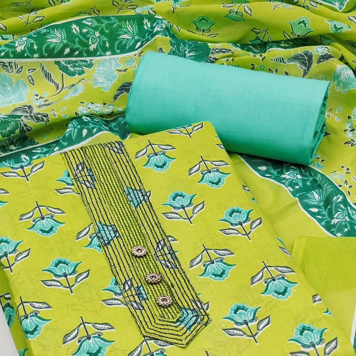 Lemon Green Floral Printed Pure Cotton Dress Material