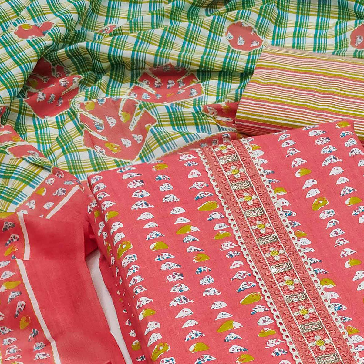 Gajri Pink Printed Pure Cotton Dress Material