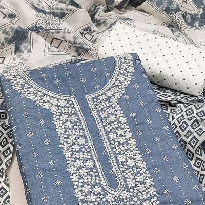 Grey Printed With Embroidered Pure Cotton Dress Material
