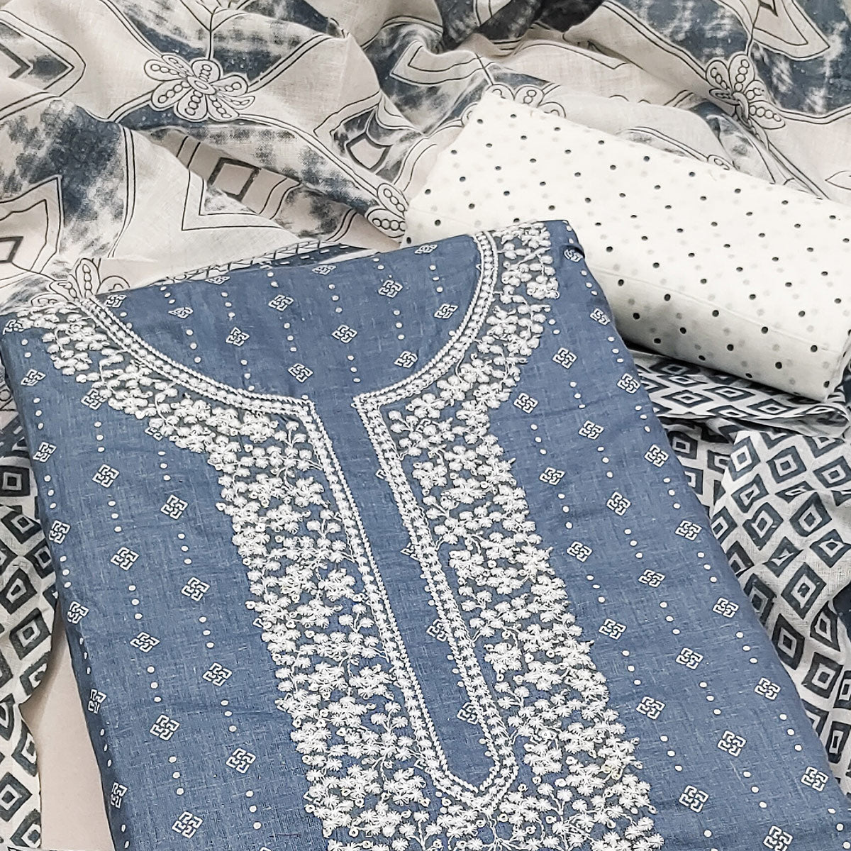 Grey Printed With Embroidered Pure Cotton Dress Material