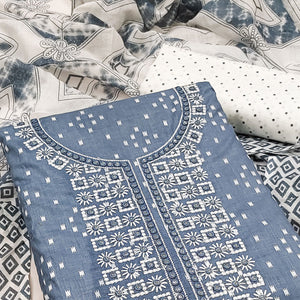 Grey Printed With Embroidered Pure Cotton Dress Material