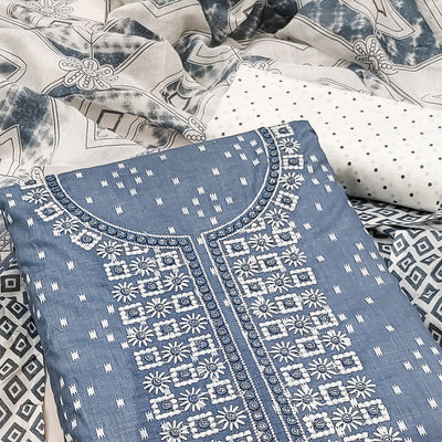 Grey Printed With Embroidered Pure Cotton Dress Material