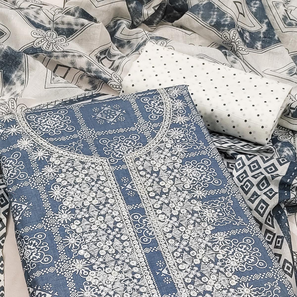 Grey Printed With Embroidered Pure Cotton Dress Material