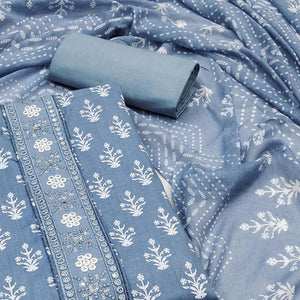 Bluish Grey Floral Printed With Embroidered Pure Cotton Dress Material
