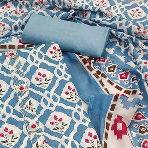 Bluish Grey Floral Printed With Embroidered Pure Cotton Dress Material