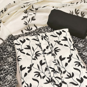 Cream & Black Floral Printed Pure Cotton Dress Material