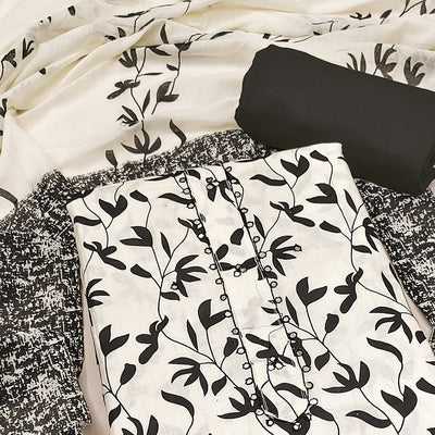 Cream & Black Floral Printed Pure Cotton Dress Material