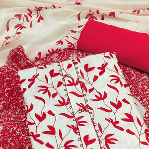 Cream & Red Floral Printed Pure Cotton Dress Material