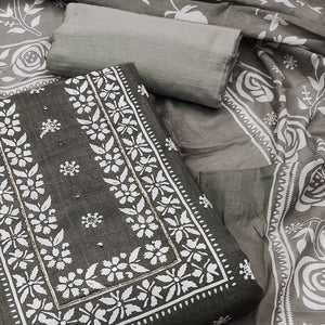Grey Printed With Mirror Work Pure Cotton Dress Material