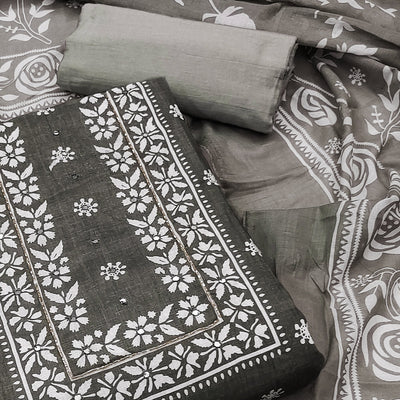 Grey Printed With Mirror Work Pure Cotton Dress Material