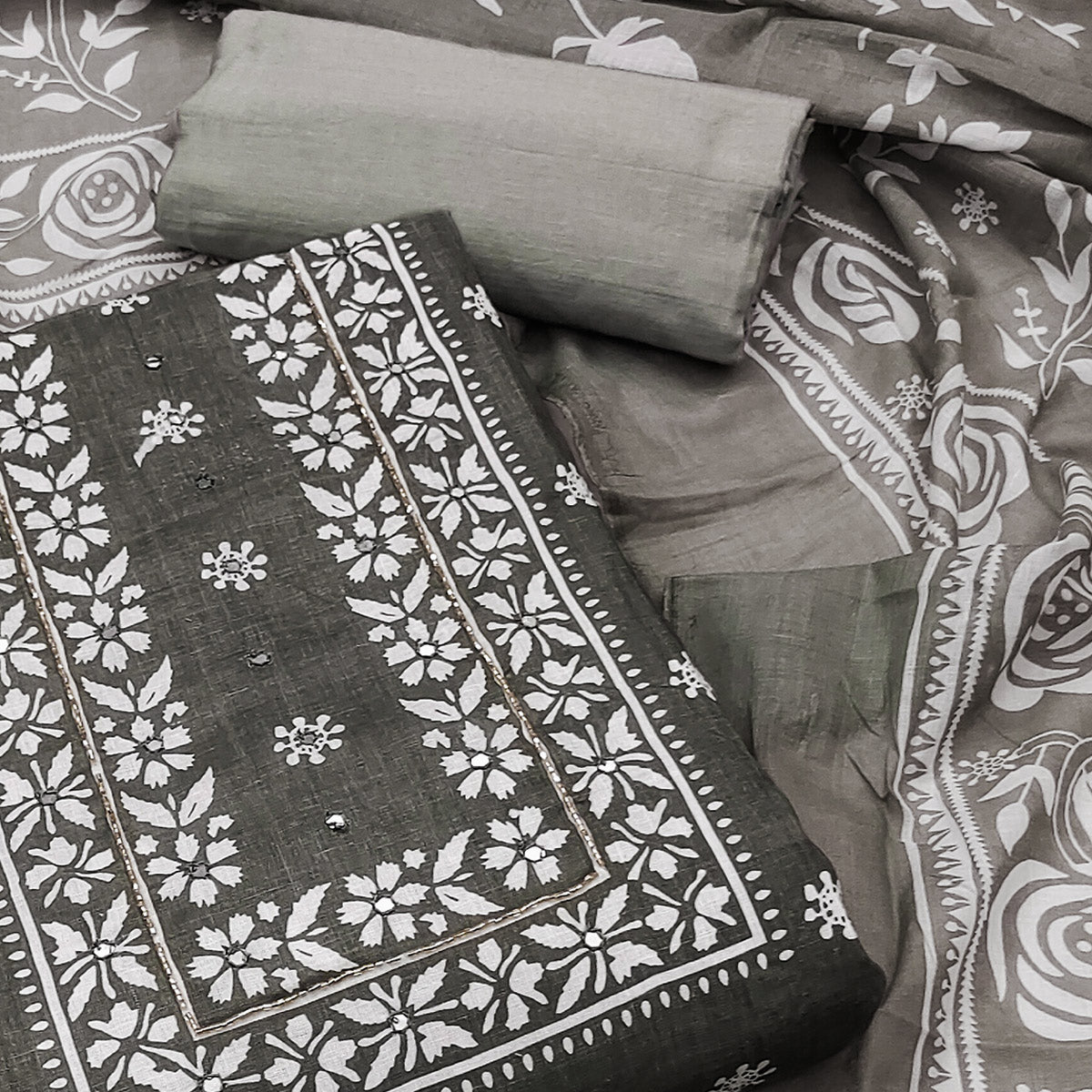 Grey Printed With Mirror Work Pure Cotton Dress Material