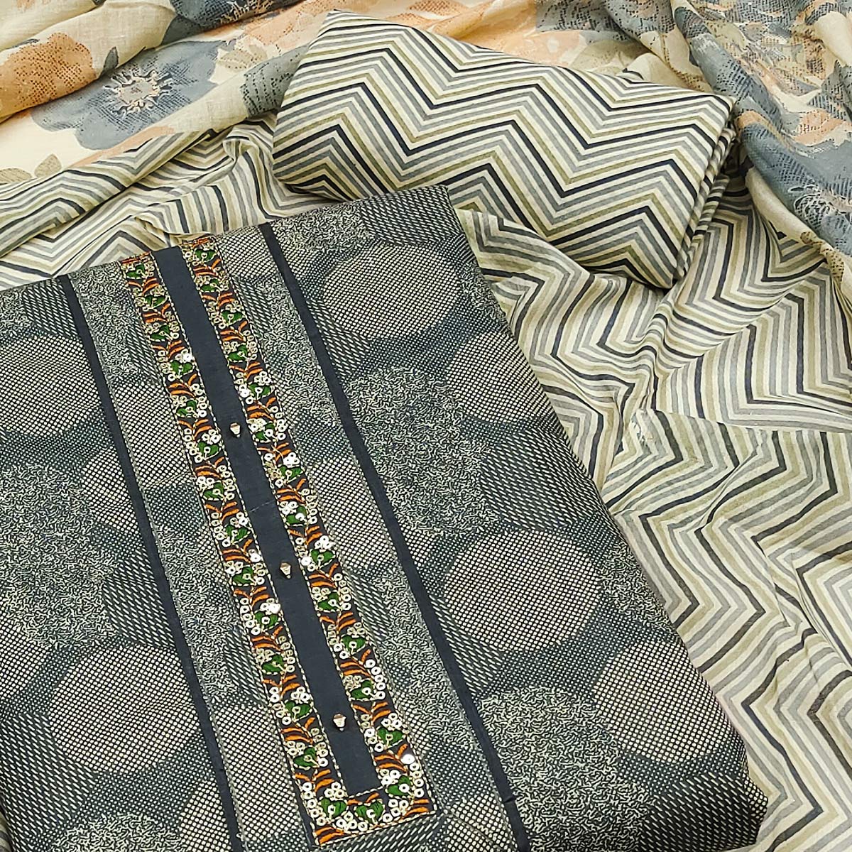 Grey Printed Pure Cotton Dress Material