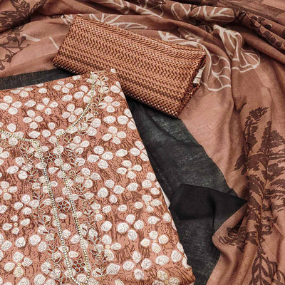 Brown Floral Printed Pure Cotton Dress Material