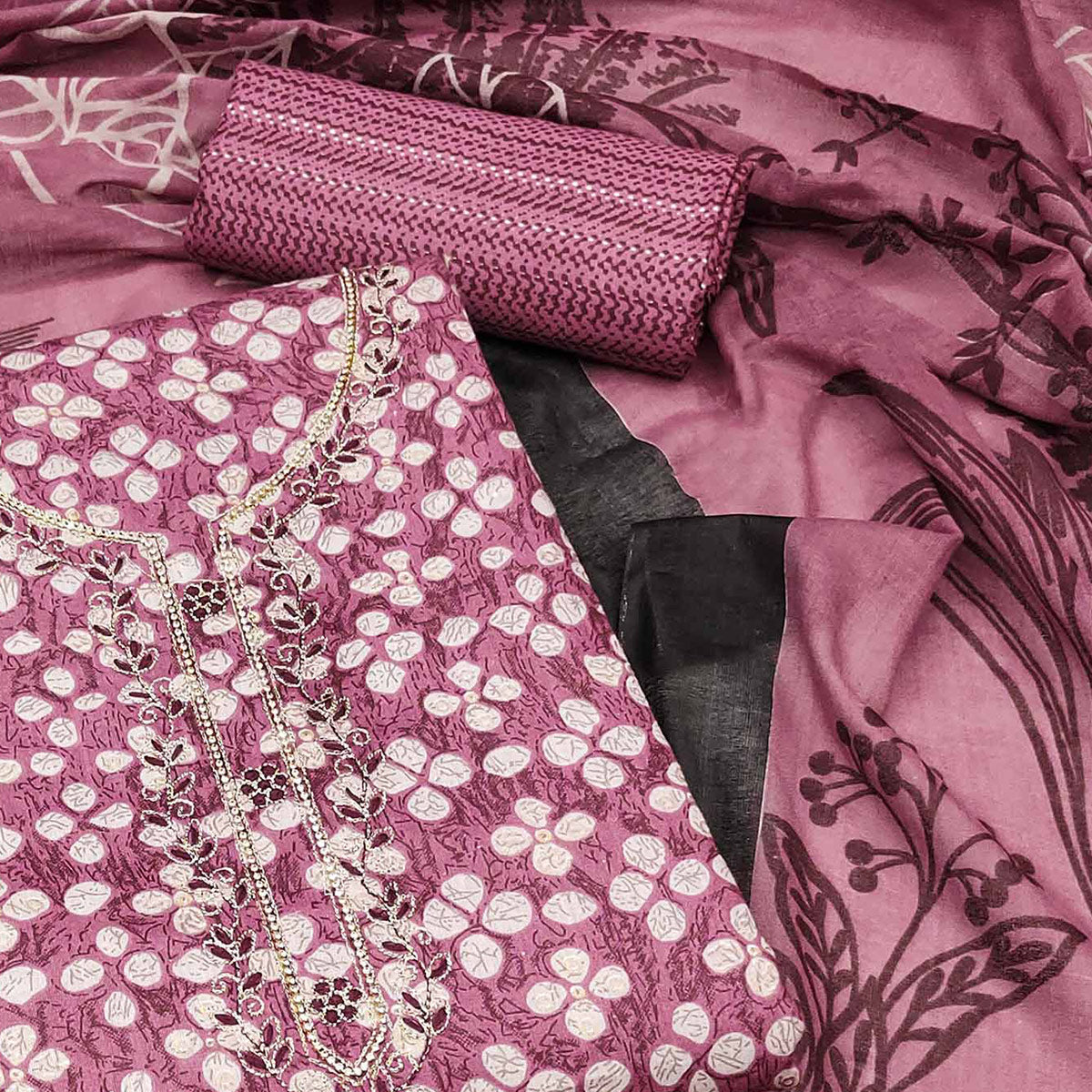 Mauve Floral Printed Pure Cotton Dress Material