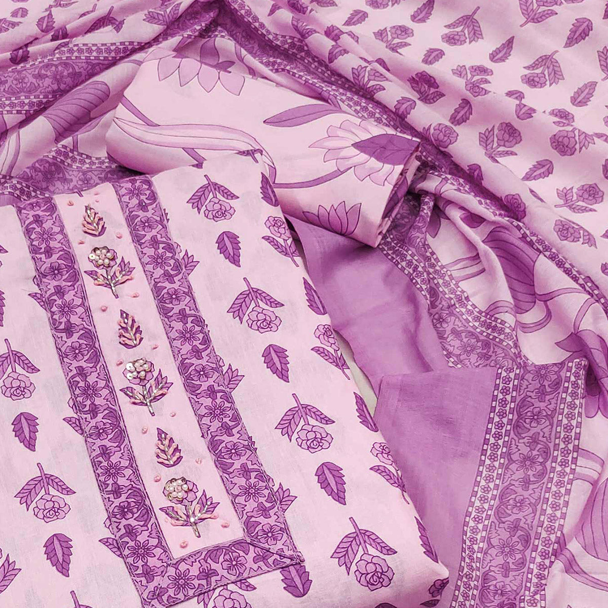Light Pink Floral Printed Pure Cotton Dress Material