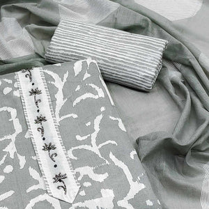 Grey Printed With Handwork Pure Cotton Dress Material