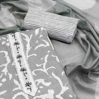 Grey Printed With Handwork Pure Cotton Dress Material