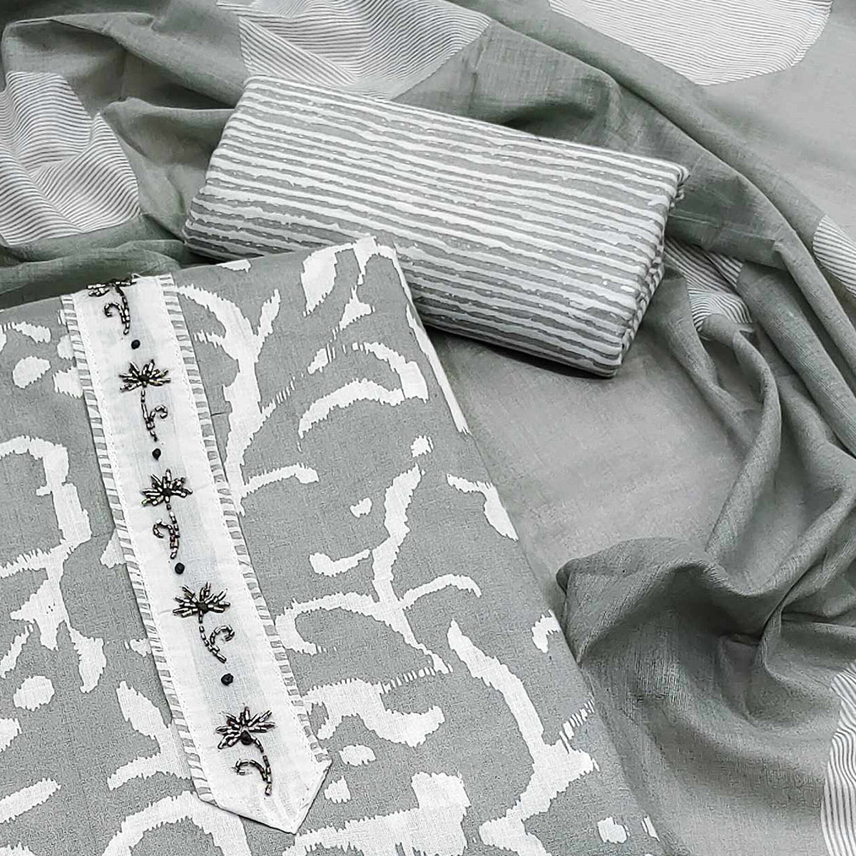 Grey Printed With Handwork Pure Cotton Dress Material